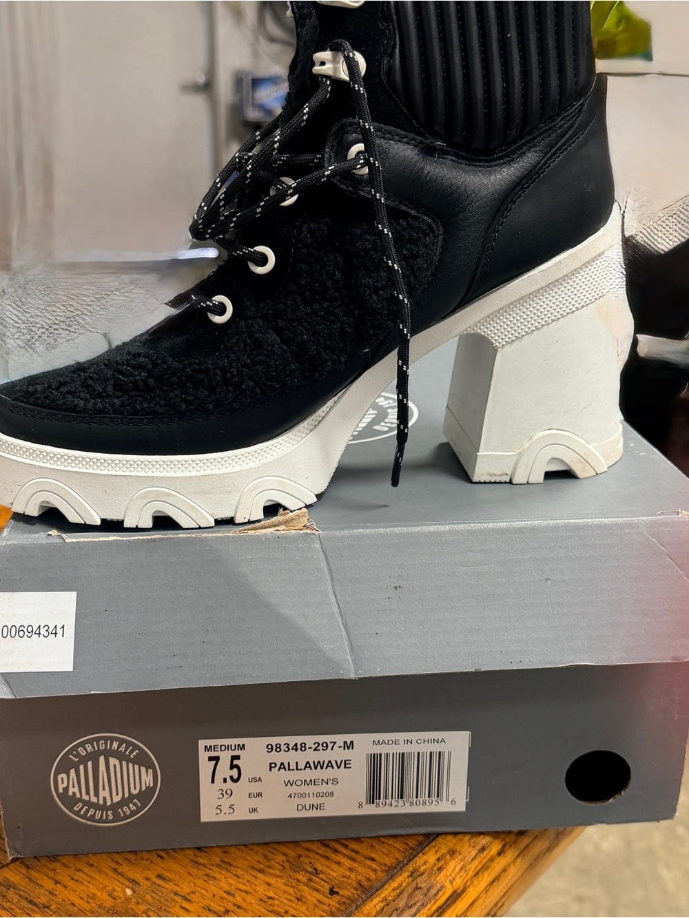 Palladium Pallawave Black and White Chunky Heel Lace-Up Boot